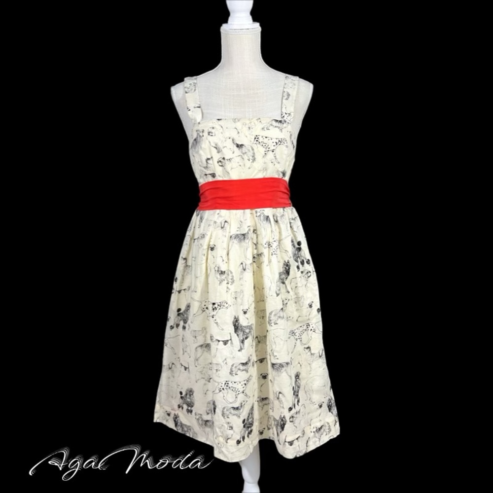 MAEVE for Anthropologie 50ies vibe, ivory fit and flare dress with a red sash